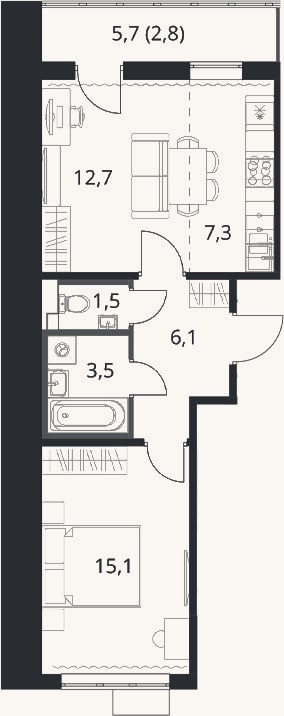 Планировка: 2-к, 46,2 м²