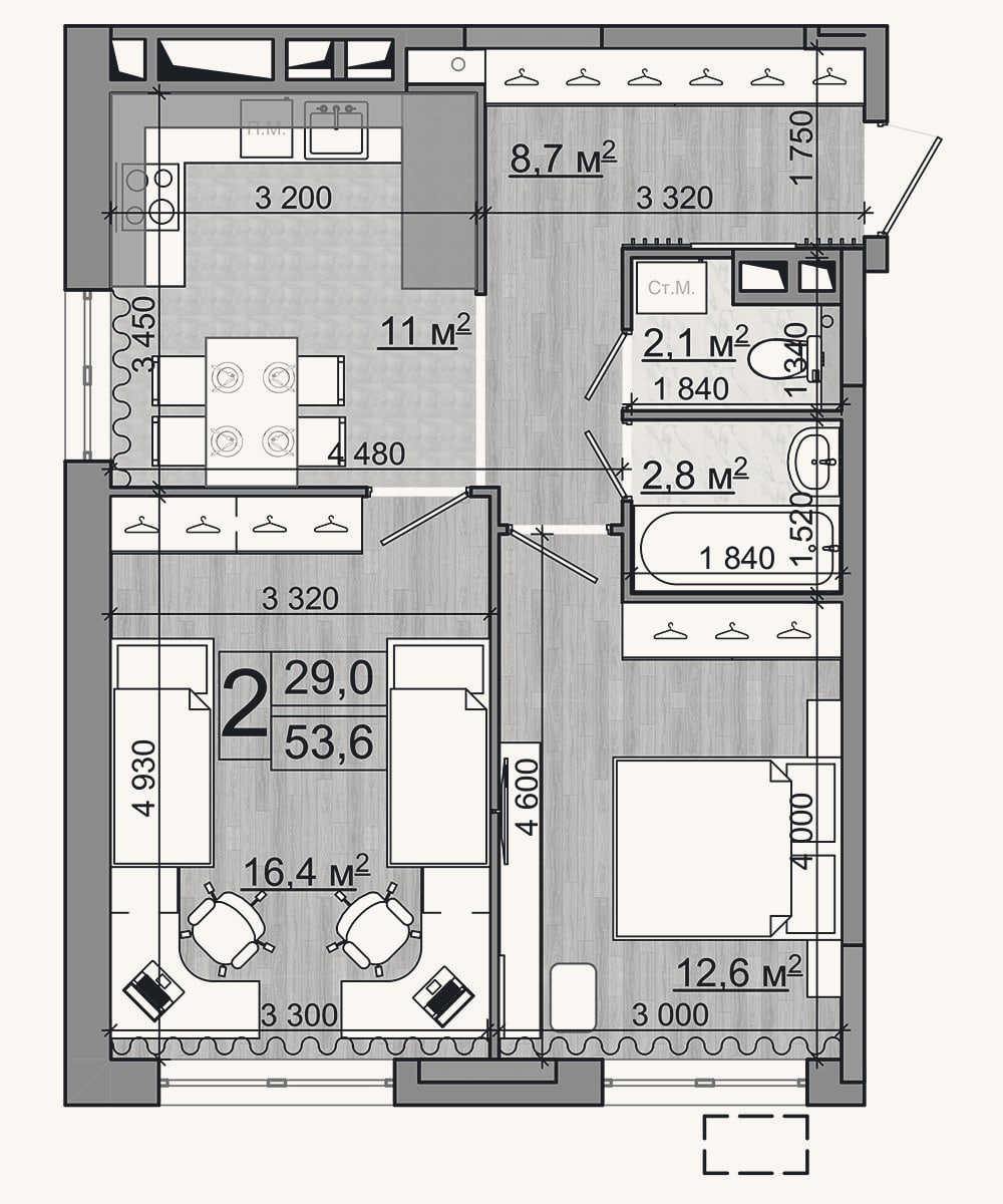 Планировка: 2-к, 53,6 м²