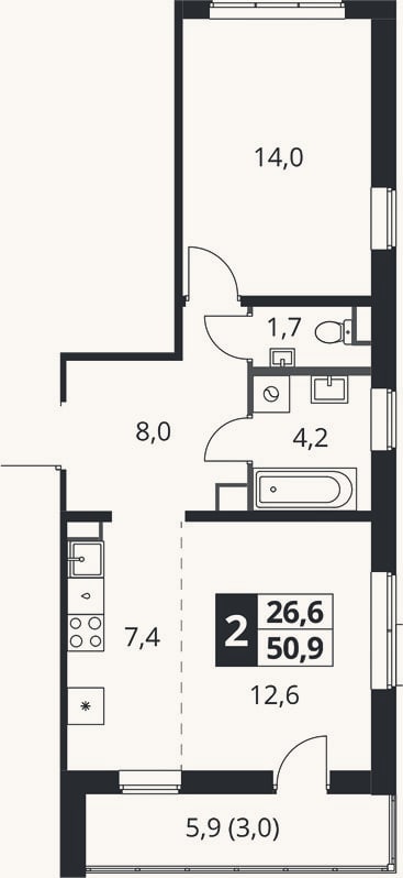 Планировка: 2-к, 47,9 м²