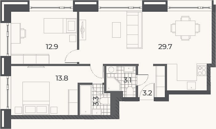 Планировка: 3-к, 64,9 м²