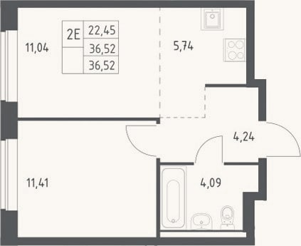 Планировка: 2-к, 36,5 м²