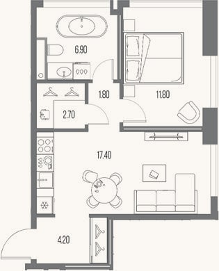 Планировка: 1-к, 44,8 м²