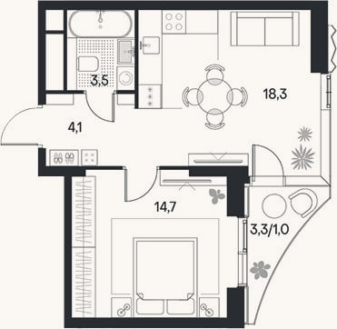 Планировка: 2-к, 40,6 м²