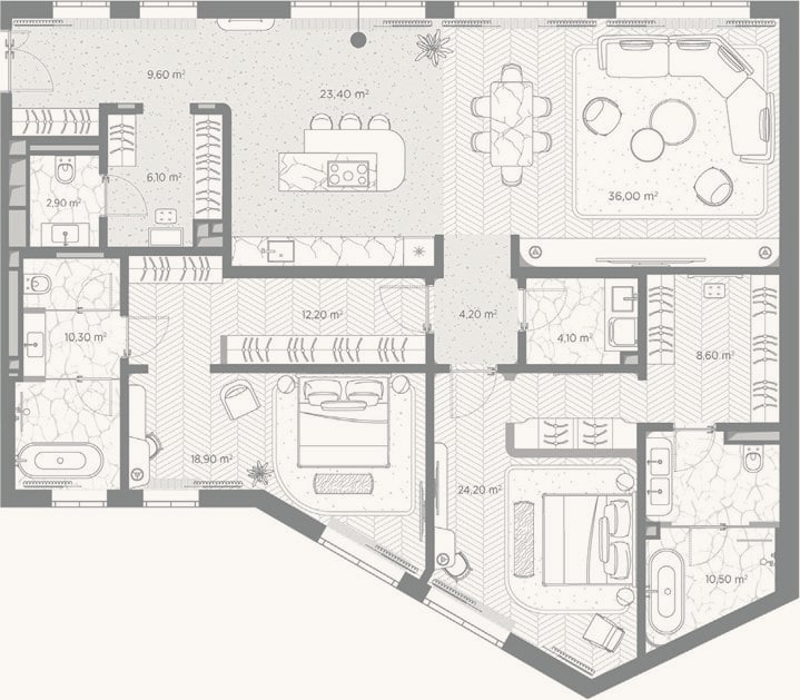 Планировка: 2-к, 171 м²