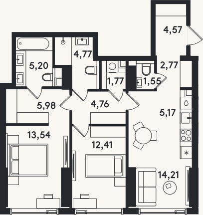 Планировка: 3-к, 76,7 м²