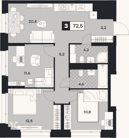 Планировка: 3-к, 72,5 м²