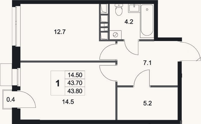 Планировка: 1-к, 43,7 м²