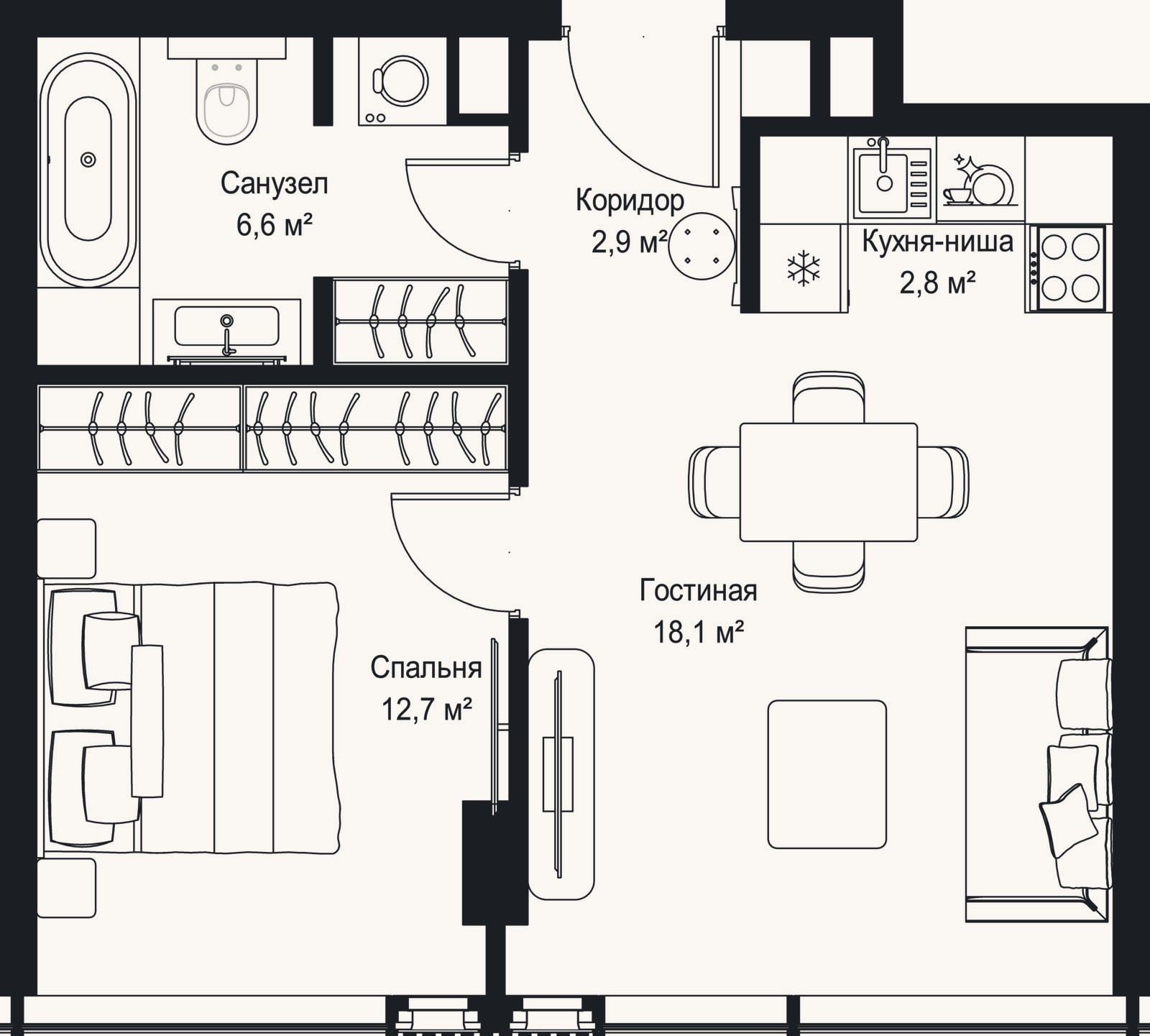 Планировка: 2-к, 43,1 м²