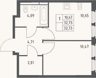 Планировка: 1-к, 32,7 м²