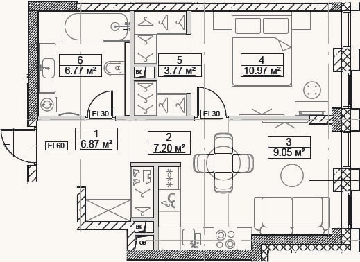 Планировка: 2-к, 44,6 м²
