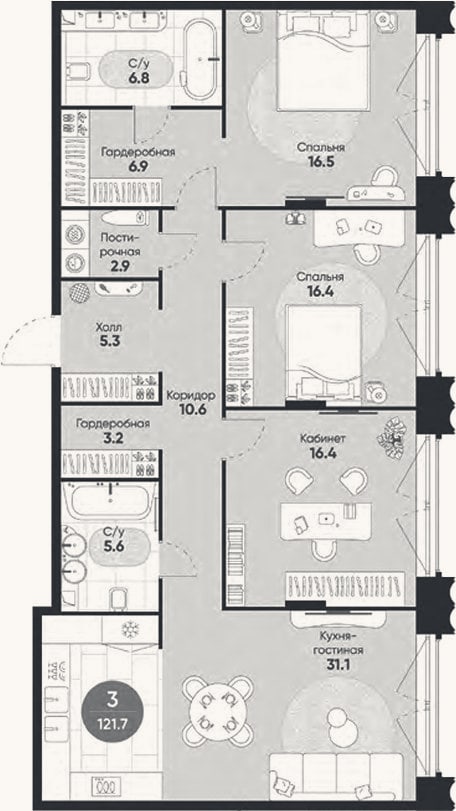 Планировка: 4+ к, 121,7 м²