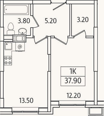 Планировка: 1-к, 37,9 м²
