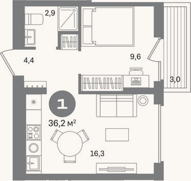 Планировка: 1-к, 33,2 м²