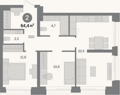 Планировка: 2-к, 64,4 м²