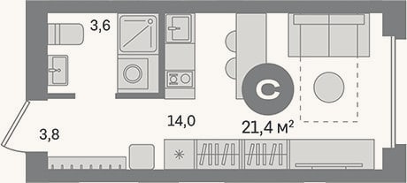 Планировка: Студия, 21,4 м²