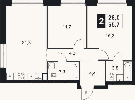 Планировка: 2-к, 65,7 м²