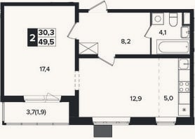 Планировка: 2-к, 47,6 м²