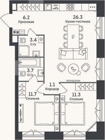 Планировка: 3-к, 63,7 м²