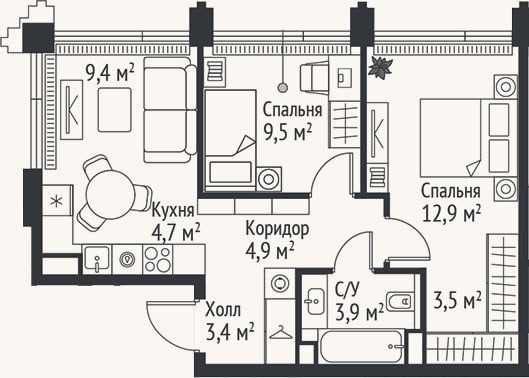 Планировка: 3-к, 52,2 м²