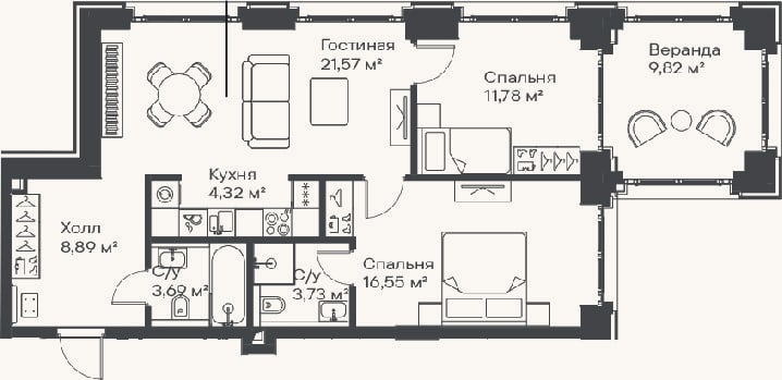 Планировка: 3-к, 70,5 м²