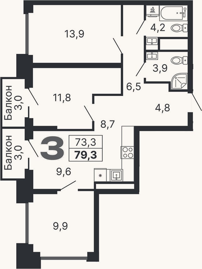 Планировка: 4+ к, 73,3 м²