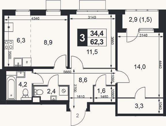 Планировка: 3-к, 60,8 м²