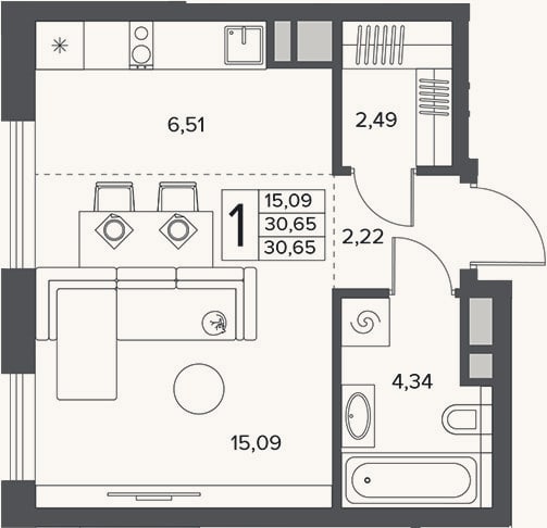 Планировка: Студия, 30,7 м²