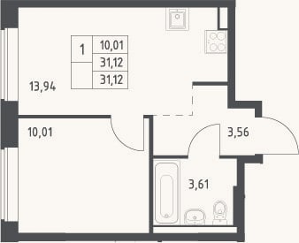 Планировка: 1-к, 31,1 м²