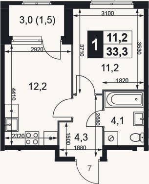 Планировка: 1-к, 31,8 м²