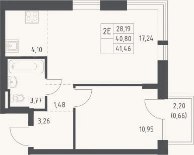 Планировка: 2-к, 40,8 м²