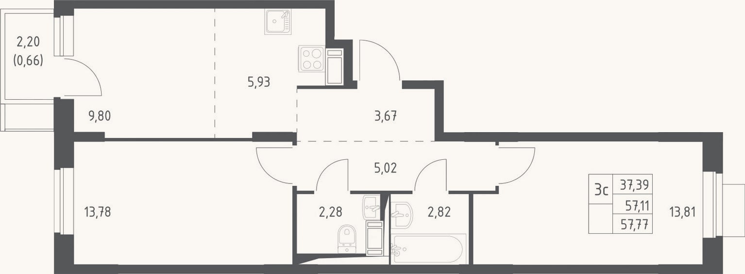 Планировка: 3-к, 57,1 м²