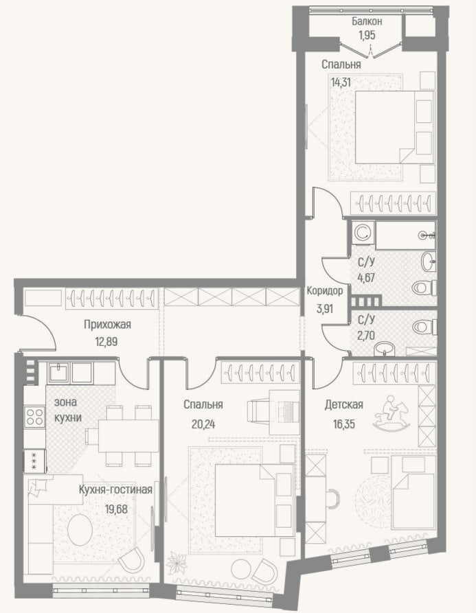 Планировка: 3-к, 94,3 м²