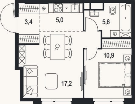 Планировка: 2-к, 42,1 м²