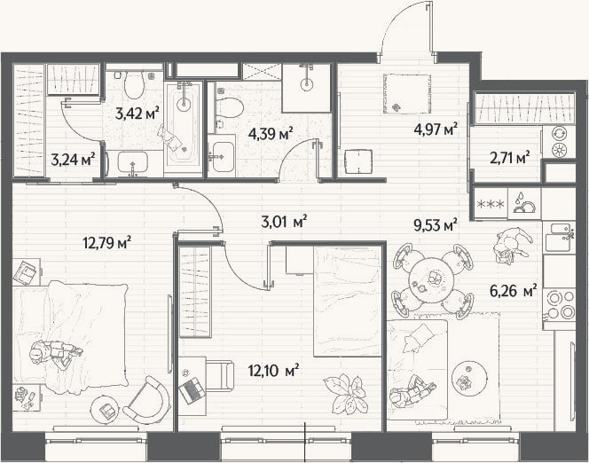 Планировка: 3-к, 62,4 м²