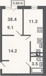 Планировка: 2-к, 38,1 м²