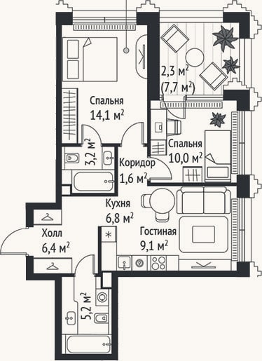 Планировка: 3-к, 56,4 м²