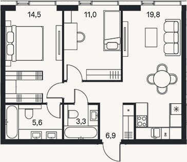 Планировка: 3-к, 61,1 м²