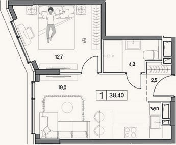 Планировка: 2-к, 38,4 м²