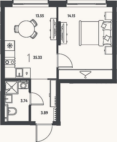 Планировка: 1-к, 35,3 м²