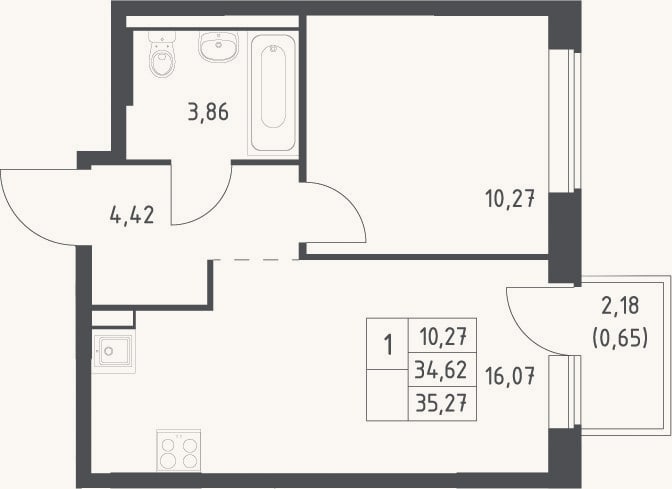Планировка: 2-к, 34,6 м²