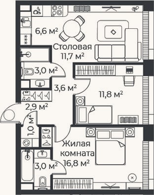Планировка: 3-к, 60,4 м²