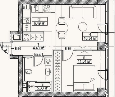 Планировка: 2-к, 38,2 м²