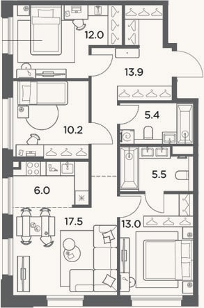 Планировка: 4+ к, 83,5 м²