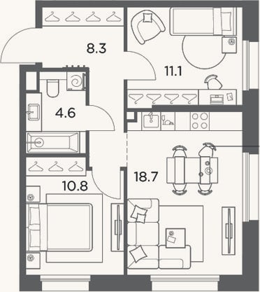 Планировка: 2-к, 53,5 м²