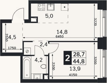 Планировка: 2-к, 44,8 м²