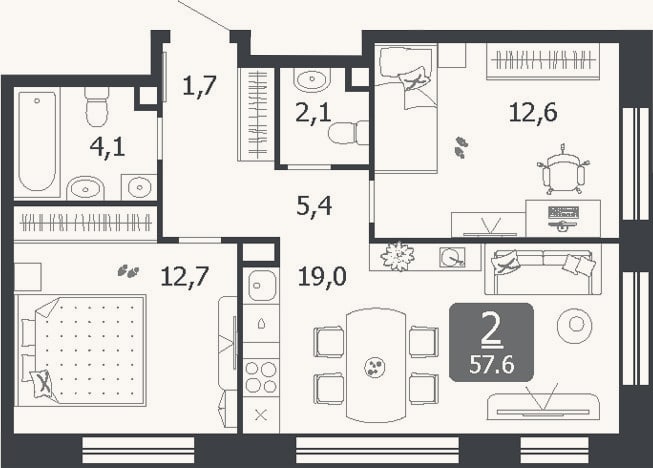 Планировка: 3-к, 57,6 м²