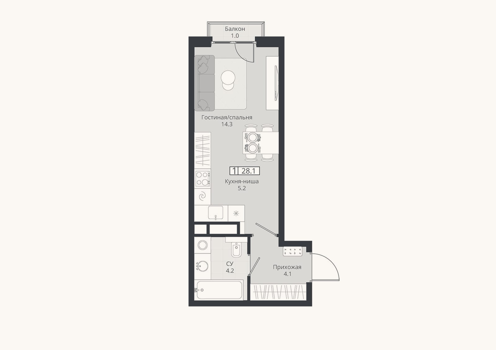 Планировка: Студия, 27,8 м²