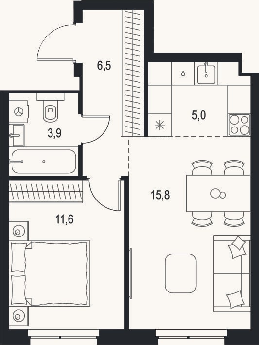 Планировка: 2-к, 42,8 м²
