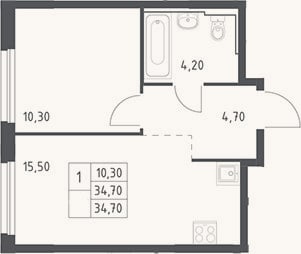 Планировка: 2-к, 34,7 м²