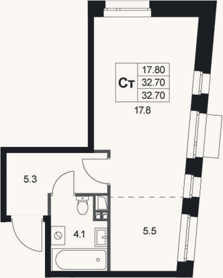 Планировка: Студия, 32,7 м²
